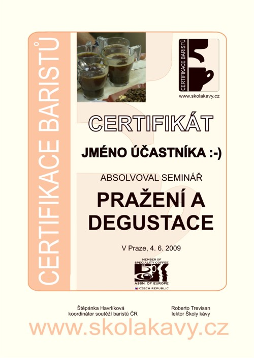 Certifikát účastníka semináře Pražení a degustace