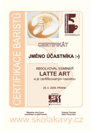 Certifikát účastníka semináře Latte Art